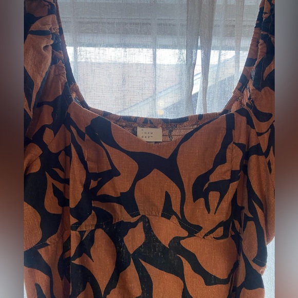 A New Day Burnt Orange Black Puff Sleeve Sweetheart Neck Canvas Mini Dress sz XL - Picture 2 of 3